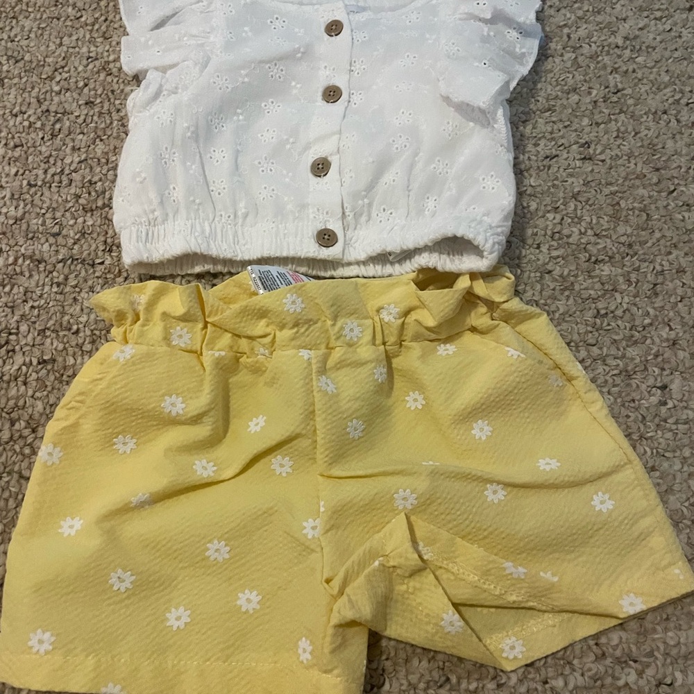White Eyelet Top and Yellow Floral Shorts Set